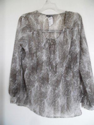 DAISY FUENTES Brown White Sheer V Neck Long Sleeve Blouse Top Shirt Tunic  Sz M