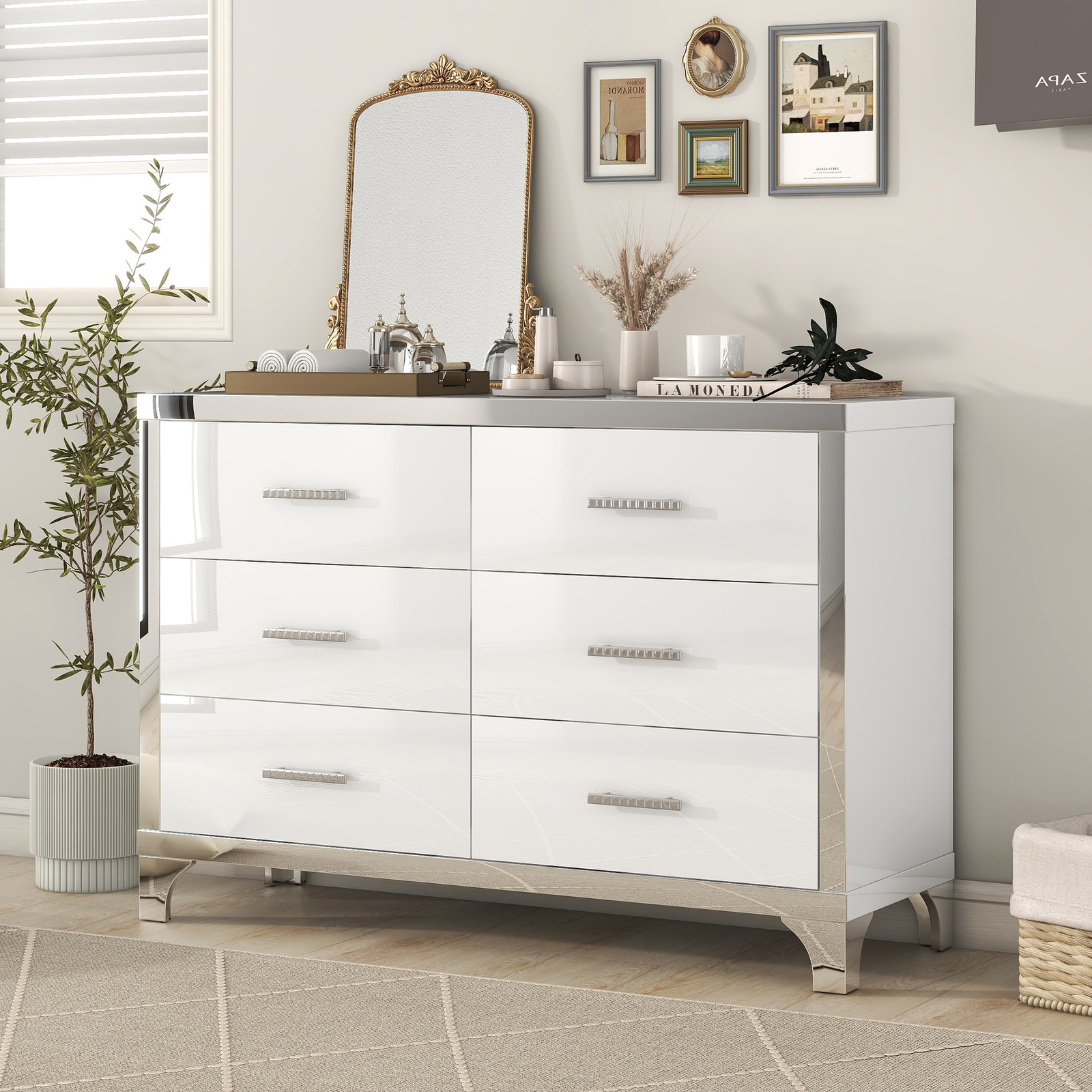 Elegant High Gloss Dresser with 6 Drawers and Metal Handles - Mirrored Storage Cabinet