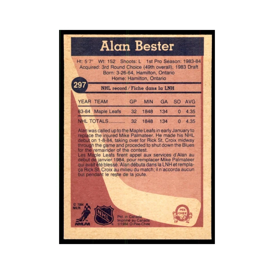 1984 O-Pee-Chee Allan Bester RC Toronto Maple Leafs #297 - Image 2 of 3