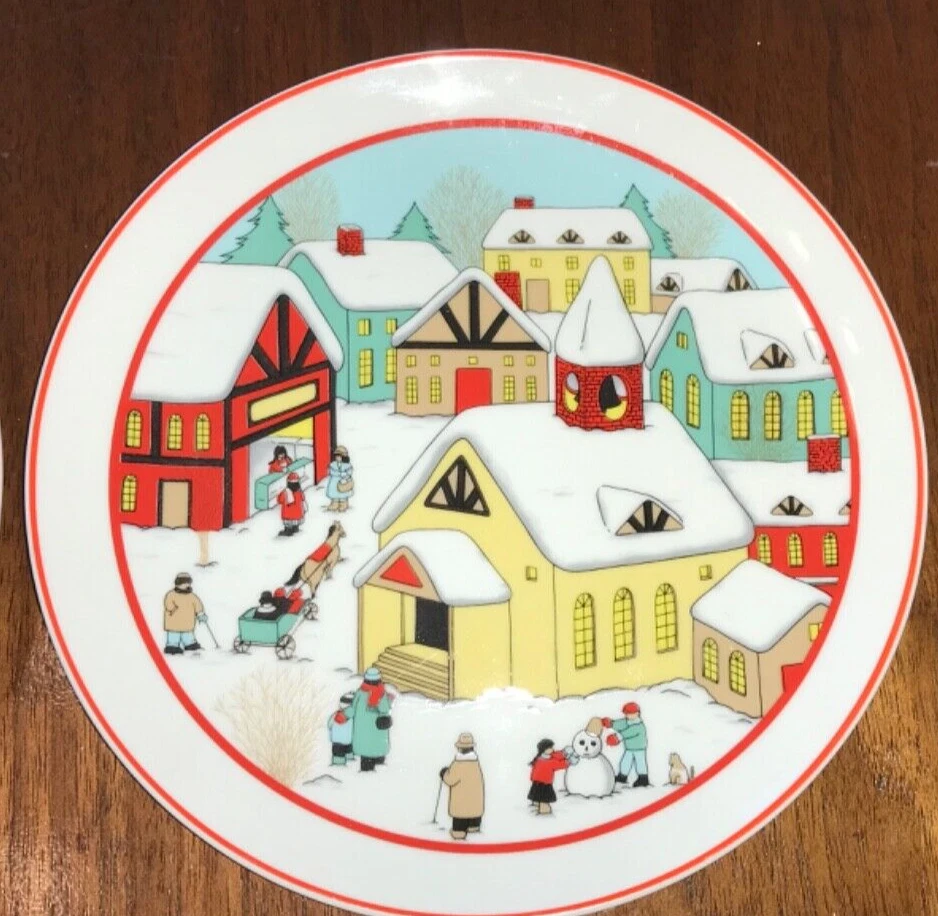 "LOTE DE 4 PLATOS DE ENSALADA/POSTRE ESCENA VACACIONES INVIERNO AÑOS 80 D. H. HOLMES DE COLECCIÓN 7,5"" USADO EN EXCELENTE ESTADO" Foto 3 de 4