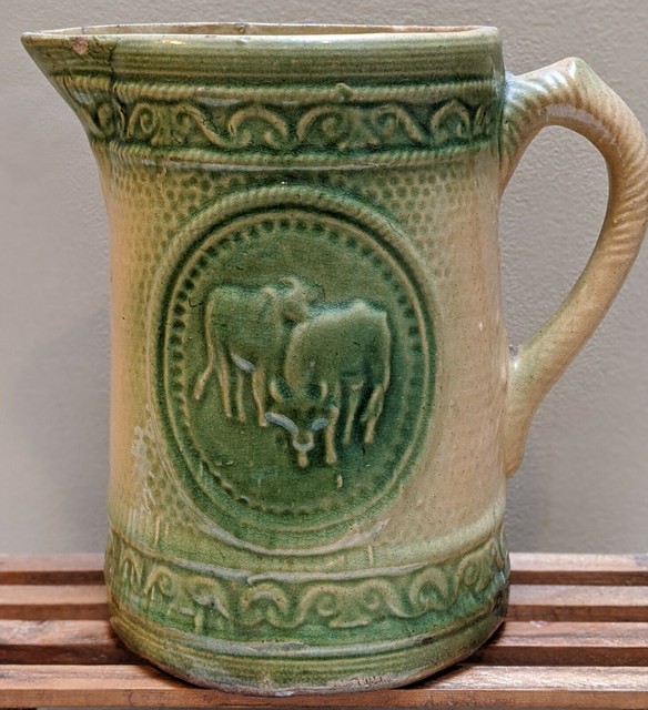 Vintage Antique Green Salt Glazed Cow Pastoral Stoneware Pitcher