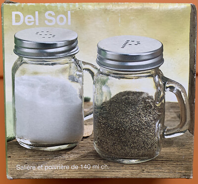 Del Sol Salt & Pepper Muglike Shakers with silver lids 5 oz 