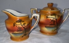 Lusterware Child  s Hand Painted Gold Rimmed Cream/Lidded Sugar Double Handled