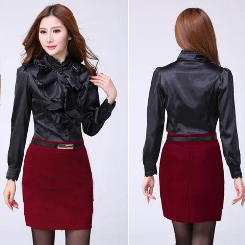 Women Ruffle Shirt Button Blouse Workplace Interview Top Long Sleeve Elegant - Picture 3 of 26