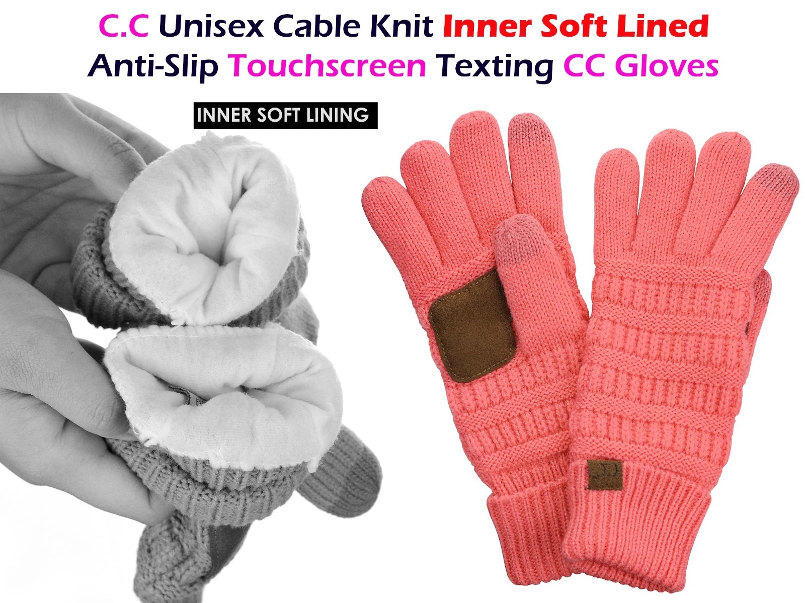 C.C Unisex Cable Knit Inner Soft Lined Anti-Slip Touchscreen Texting CC Gloves