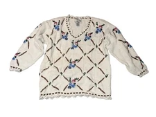 Vintage 80s Express Sweater Handknit Chunky Floral Cottage Core Small Granny S