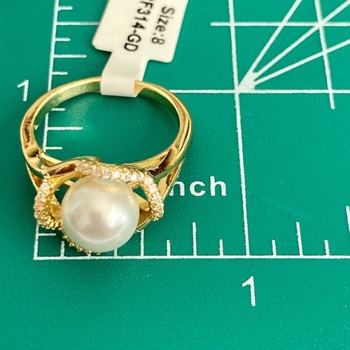 Art Deco Cubic Zirconia Pearl Cocktail Ring 14 kt Yellow Gold Plated Size 9 Faux - 第 14/17 張圖片