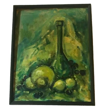 60s wine food hand painted original oil Painting greens Mid Century Modern