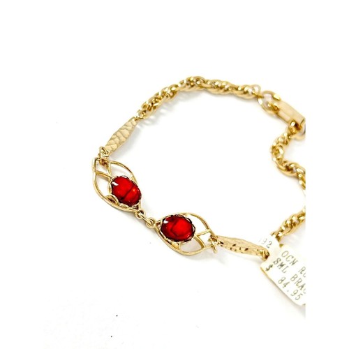 Vintage Deadstock Armband goldfarben mit roten Glas Cabochons - Bild 5 von 5