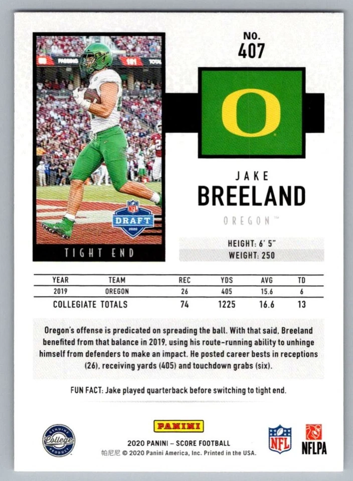 2020 Score Jake Breeland Oregon Ducks #407 - Image 2 of 2