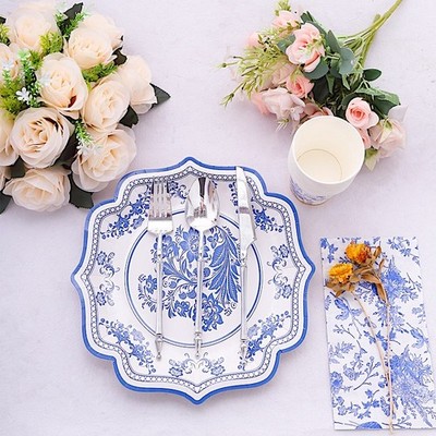 25 White Blue 10 in Floral Disposable Dessert Paper PLATES Scallop Trim Party