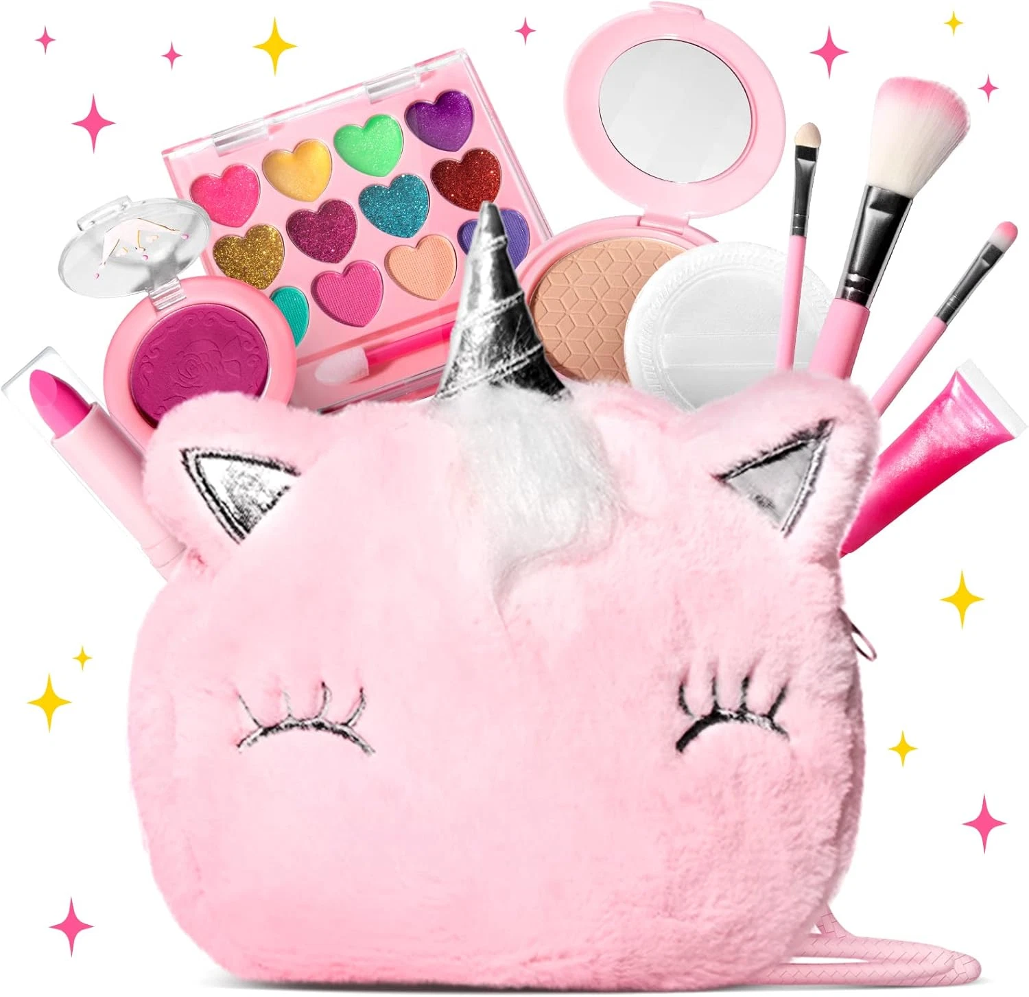 Kids Real Makeup Kit for Girls with Fluffy Purse - Real, Non Toxic, Washable Mak