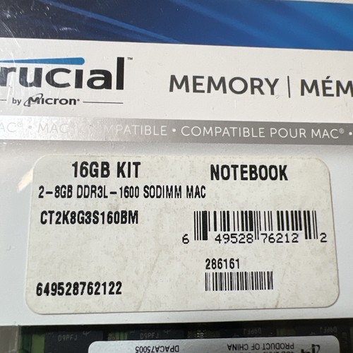 crucial 16gb kit 2 x 8gb ddr3l-1600 sodimm 1.35V CL9 for Mac Notebook - Picture 2 of 5