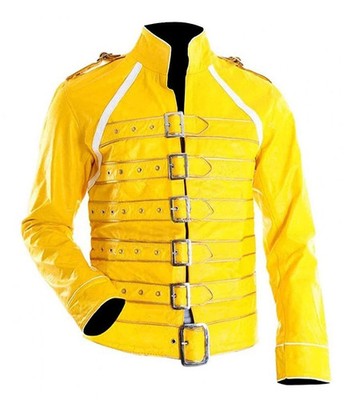 Pop Singer Freddie Mercury Wembley Queen Concert Yellow Leather Jacket For Men