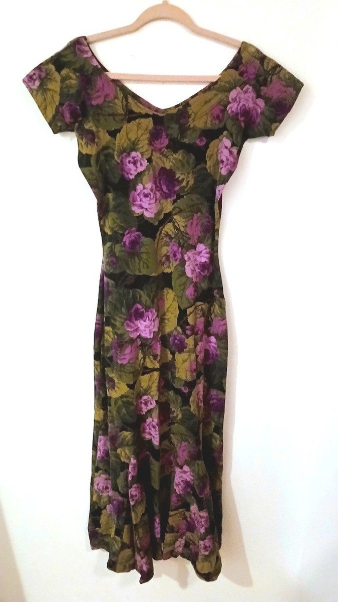 Vintage Betsey Johnson 90s Floral Dress M Dark Romantic Rose Print 30s  Style Fit