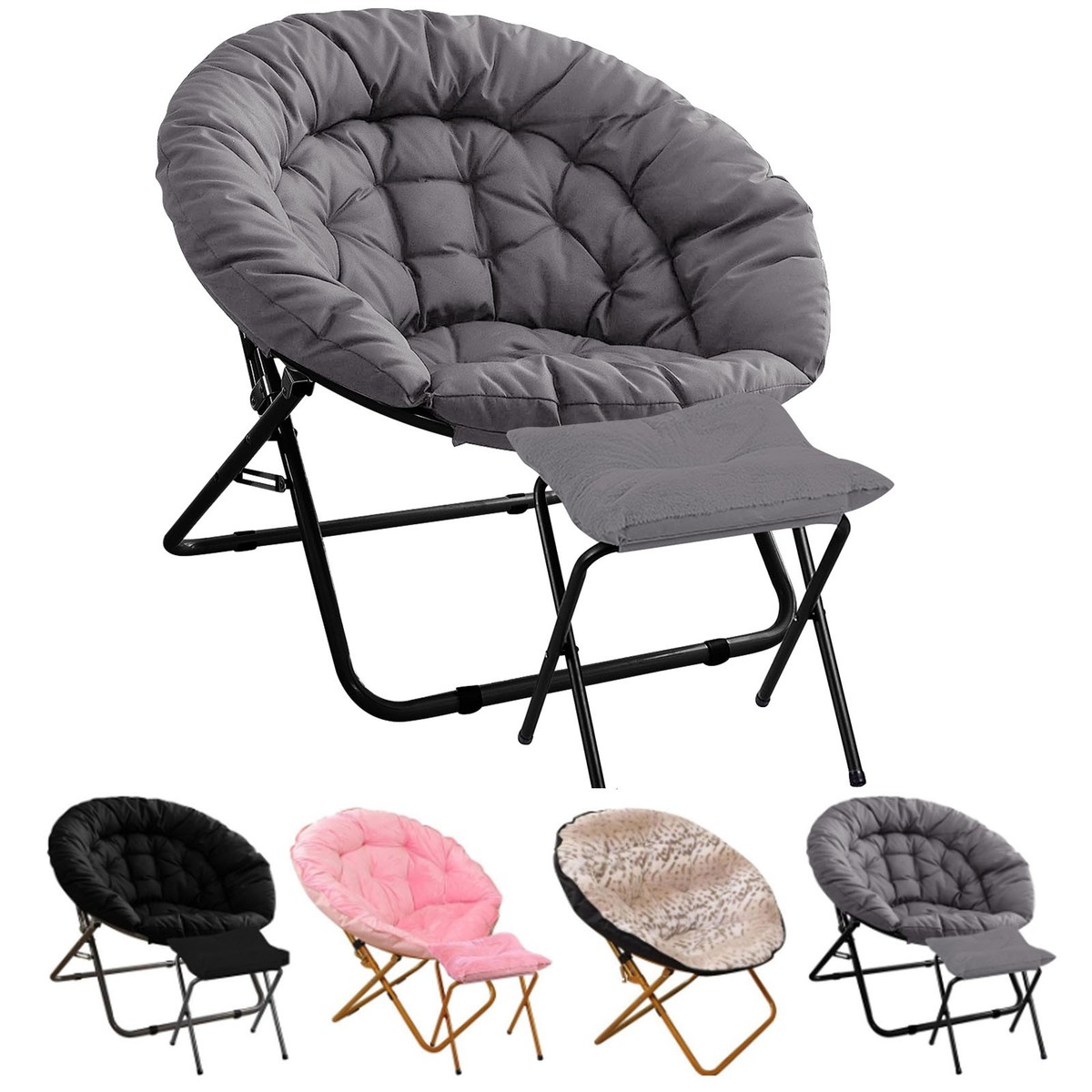 Folding Soft Moon Chair with Ottoman Faux Fur Bedroom Saucer Sofa Chairs