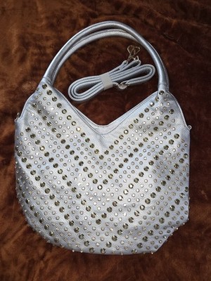 Hobo Bag Silver Gold Rhinestone Studs Faux Leather Bling Grunge Punk