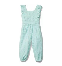 NWT Janie and Jack Eyelet Ruffle Jumpsuit Size 16 Icicle Blue /Mint Bow Barrette