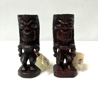 Pair of Ku Tiki Wooden Carved Figurines 8" Tall x 3" Circular Base