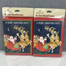 2 VTG Hallmark Merry Christmas Party Santa With Sleigh 8pk Invitations NEW