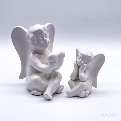 Set of 2 decorative angel figurine decorative angel ceramic white decoration 15cm/9cm
