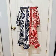 FARM RIO LINEN BLEND MIXED PINEAPPLE GARDEN FLORAL MINI DRESS RED BLUE XS $195