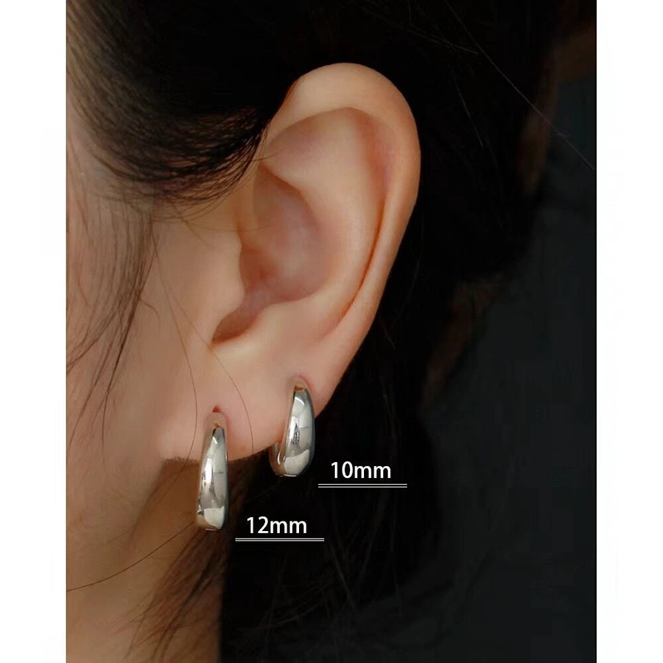 8.5/10/12mm Real s925 Sterling Silver Solid Oval Thick Hoop Huggie Clip Earring - Image 3 of 4