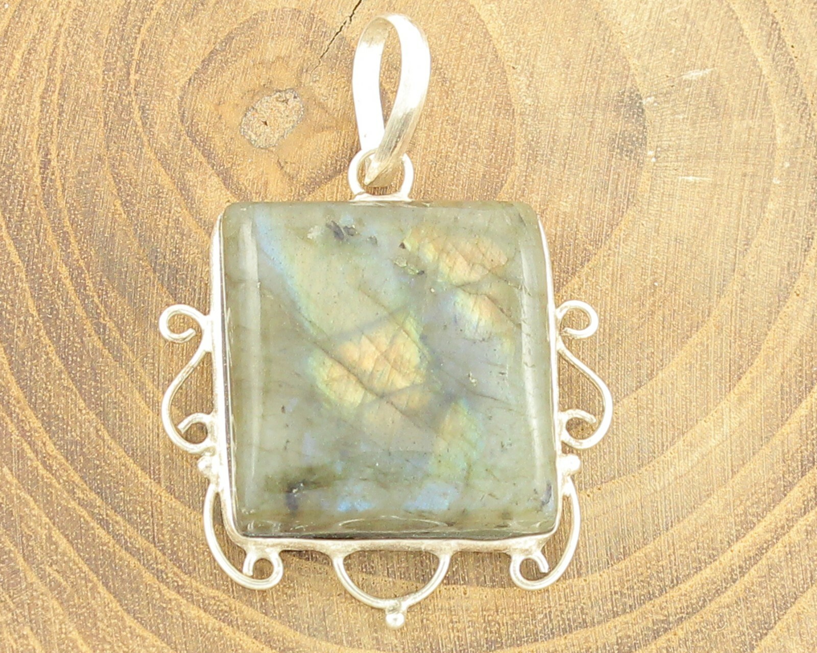 Large Square Labradorite Pendant Scrollwork Frame… - image 1