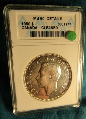 1950  CANADA  SILVER  $1  DOLLAR..ANACS  MS-60  DETAILS..CLEANED