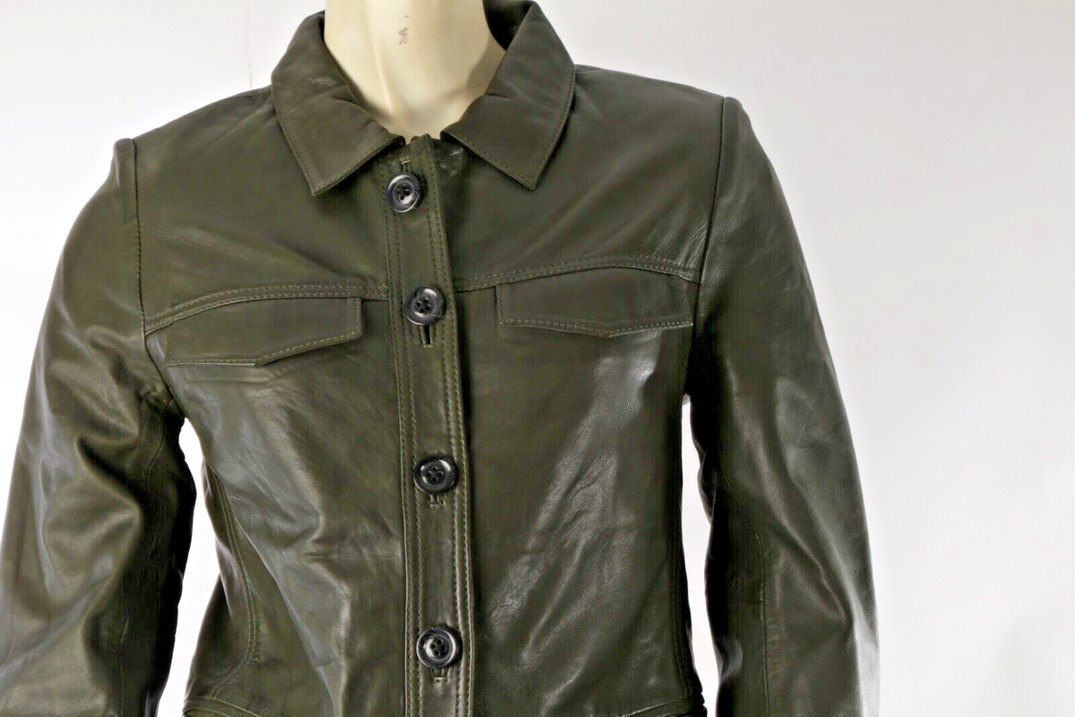 Zadig & Voltaire Liam Green Leather Button Down Collared Jacket
