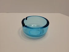 Vintage Blue Glass Ashtray Mid Century Modern 3.75" MCM Heavy 2 Slots