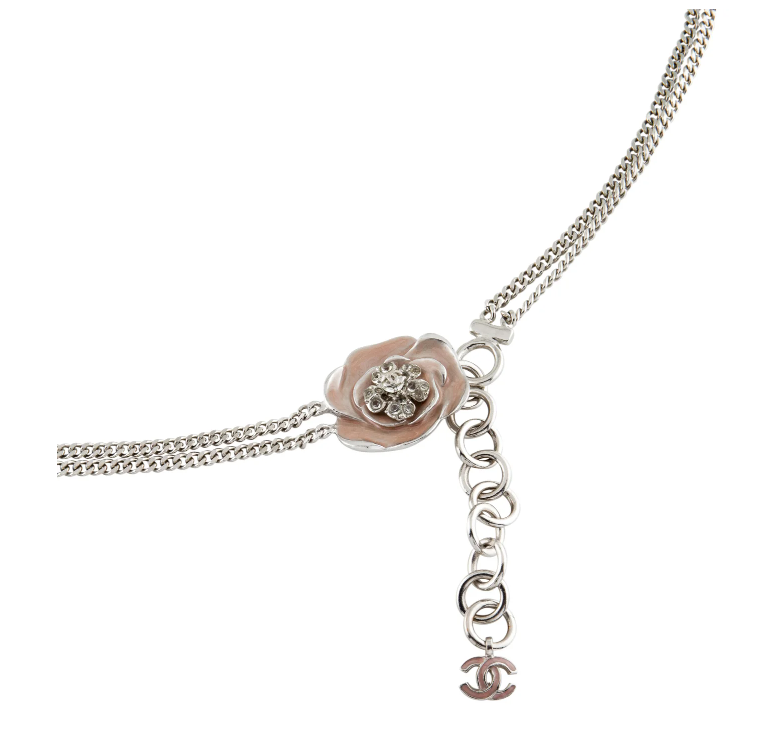 CHANEL CHAIN LINK SILVER CAMELLA ENAMEL FLOWER CC WAIST BELT VINTAGE