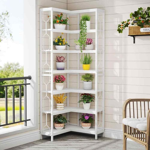 Frailey 79 in. Tall White Wood 7-Shelf Corner Etagere Bookcase - Picture 5 of 6