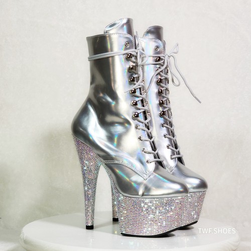 Bejeweled Silber Strass Plateau Schnürstiefeletten 7" High Heels  - Bild 7 von 11
