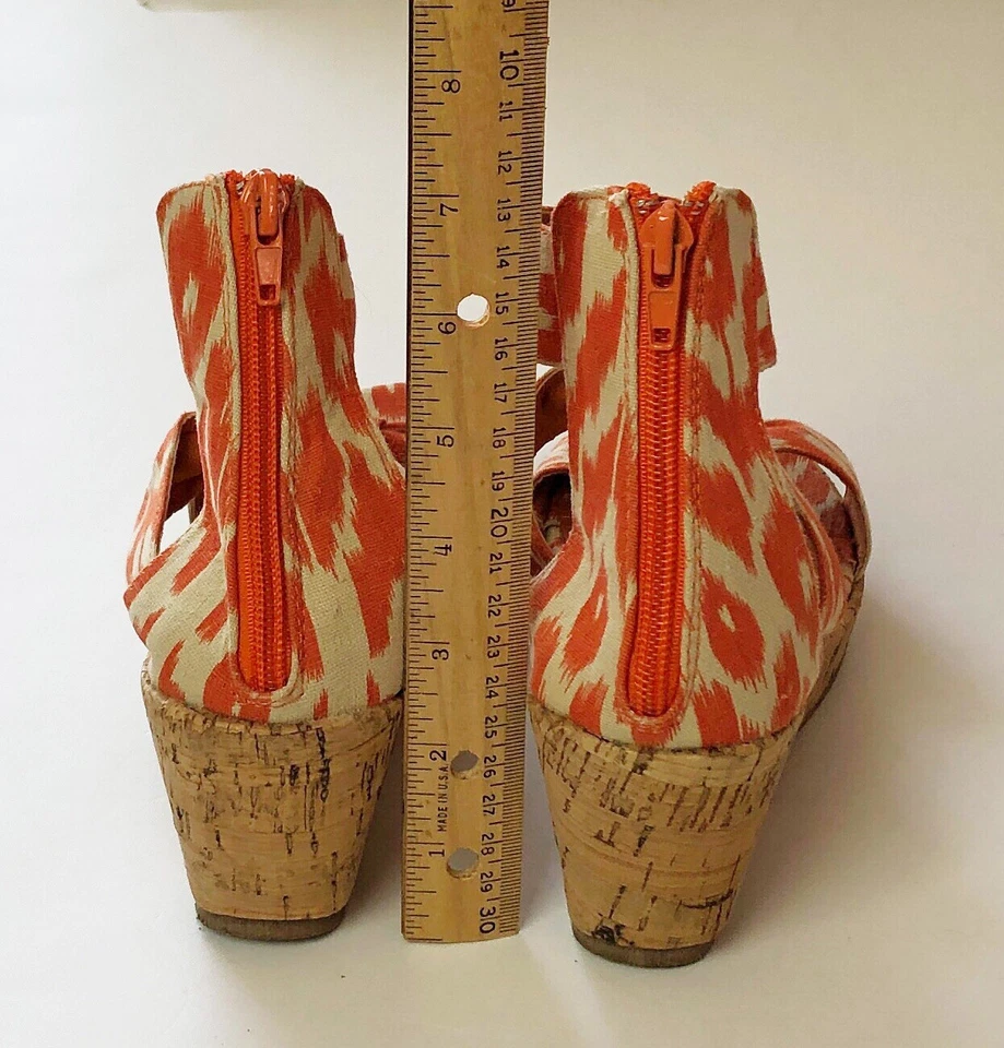 Top Moda Wedge Sandals Sz 6 Orange White Ankle High Zip 2.5" Cork Heel Straps - Image 4 of 4