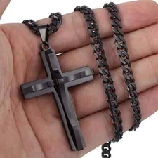Stainless Steel Black Double Cross Men Necklaces Pendants Chain, Great Gift
