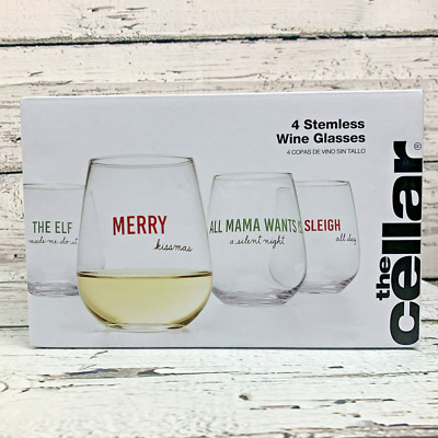 The Cellar Cheer Stemless Wine Glasses Set of 4- 19.3oz NIB NEW