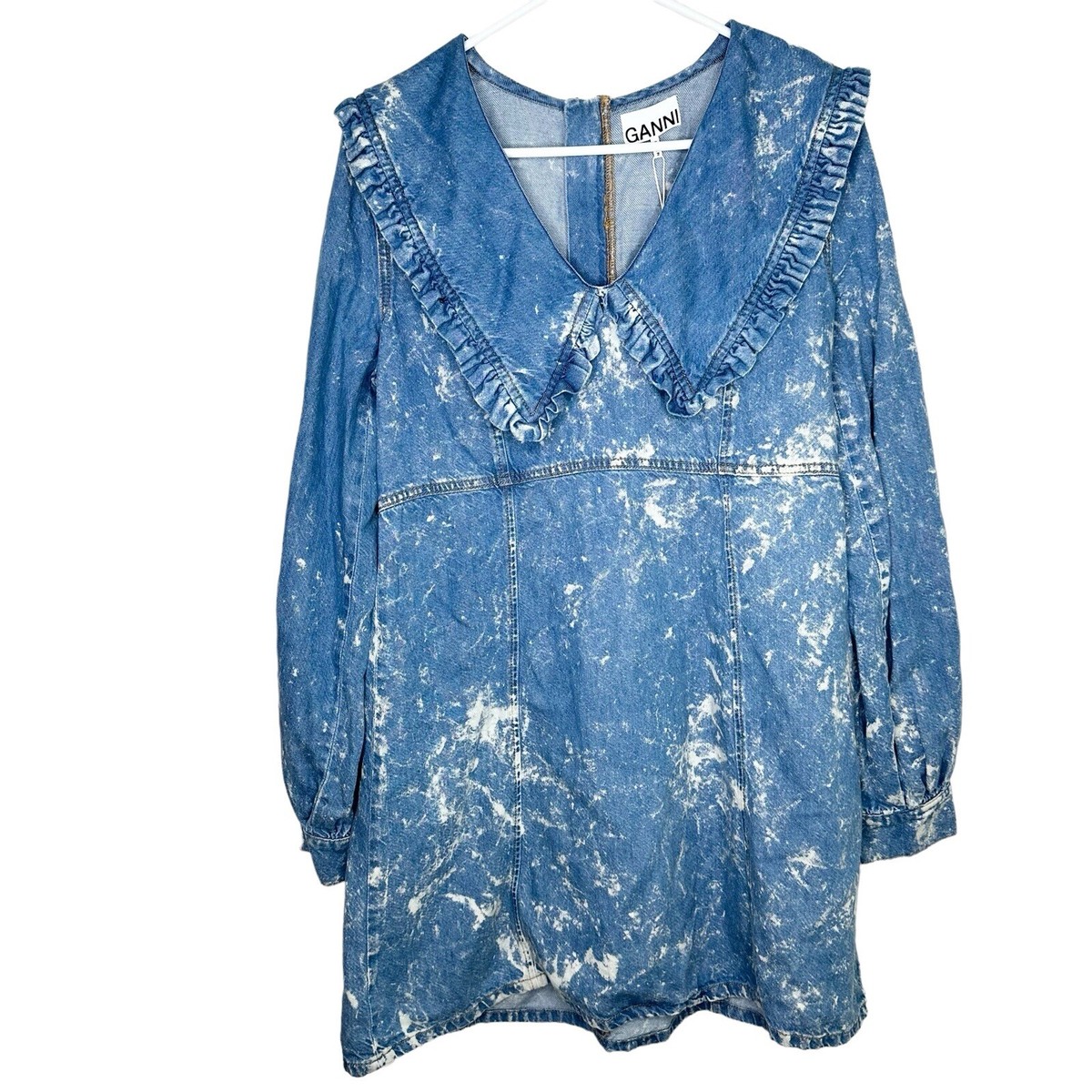 NWT Ganni Light Bleach Denim V-neck Ruffle Collar Dress Size