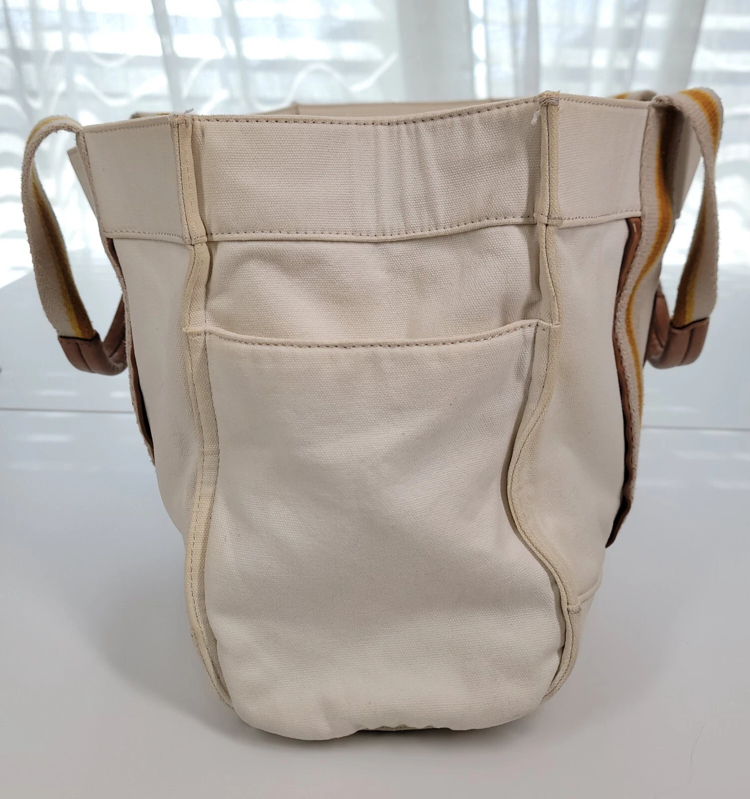 Borsa Tory Burch tela panna giallo marrone manico superiore borsa righe neutra