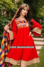 Handmade Red Ethnic Embroidered Cotton Blend Dress with Multicolor Scarf