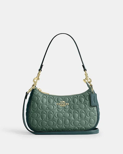 Borsa a tracolla Coach Teri Signature in pelle bloccata verde salvia nuova con etichetta $398