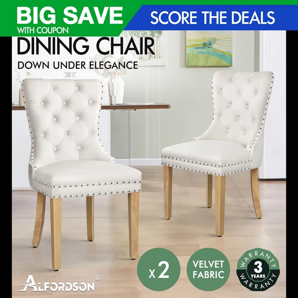 ALFORDSON 2x Dining Chairs Kitchen Lounge Padded Diamond Tufted Velvet Beige - image 1 of 4