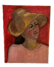 Vintage Portrait Oil Painting - Woman in Straw Hat by Patricia Morone