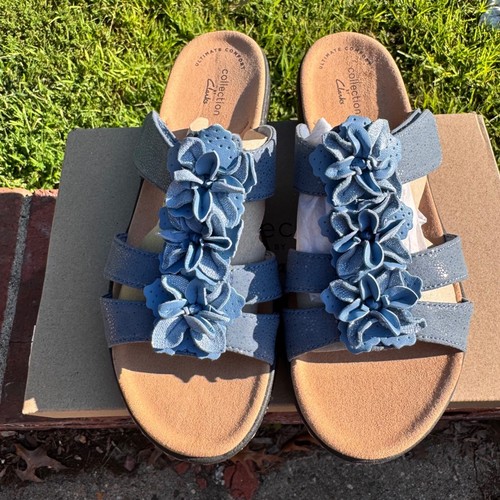 Clarks Collection Lauriann Judi blaue bequeme Leder-Sandalen mit Blumenmuster 6,5 Weite neu im Karton
