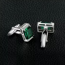 3Ct Emerald Cut Lab Created Green Emerald Men's Cufflink 14K White Gold Plated