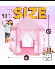 55"x53" Kids Princess Castle Playhouse Tent for Girls with LED Star Lights Pink