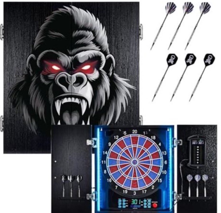 Electronic Dart Board Decorative Gorilla Wooden Cabinet Set 6 Soft Tip Darts