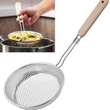 Stainless Steel Fine Mesh Skimmer Spoon with Wooden Handle, Kitchen Strainer