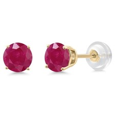 14K Yellow Gold Red Ruby Stud Earrings For Women 1.10 Ct Round 5MM 