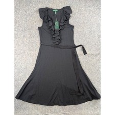 Lauren Ralph Lauren Black Ruffle V-Neck Belted ALine Midi Dress Womens Small NWT